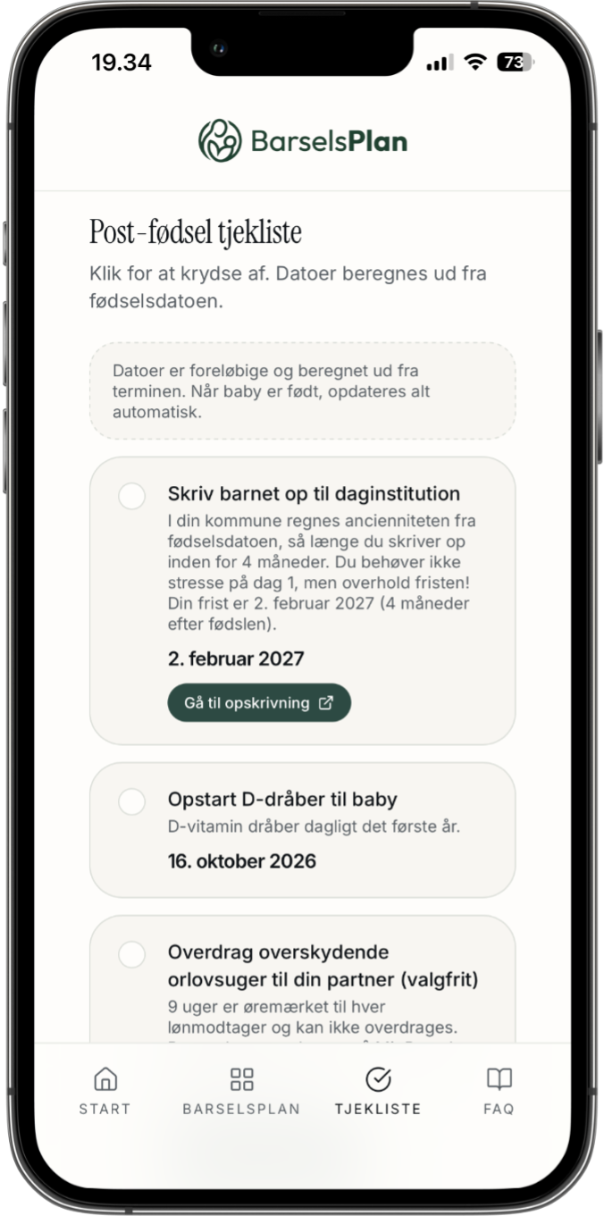 BarselsPlan – Post-fødsel tjekliste